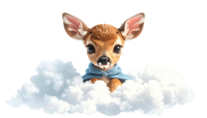 Adorable fawn with big eyes peeking out from a fluffy cloud, wearing a cape