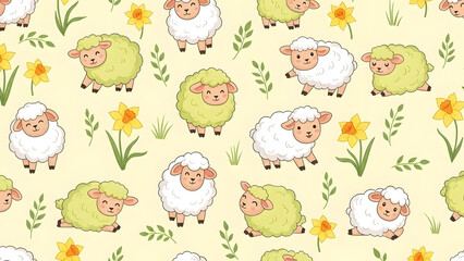 Whimsical sheep and flowers pattern