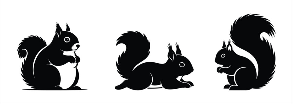 Silhouettes of three playful squirrels in different poses