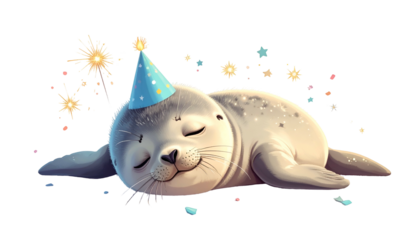 Adorable cartoon seal wearing a party hat, sleeping and surrounded by celebratory sparks