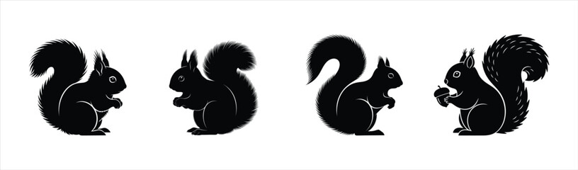 Dynamic set of black squirrel silhouettes, showcasing natural poses and woodland animal charm © Sunnn