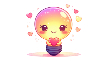 Cute lightbulb character holding a heart, surrounded by hearts, on a black background