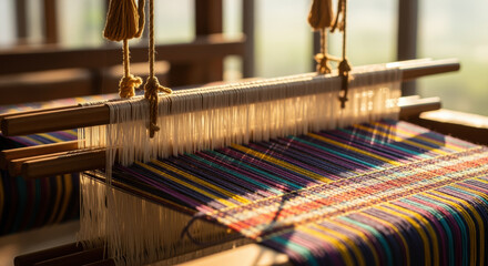 Colorful handloom weaving machine with vibrant yarn threads in warm sunlight inside traditional textile workshop interior
