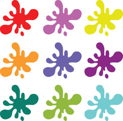 Nine colorful abstract paint splatters in various hues arranged in a grid on a white background.