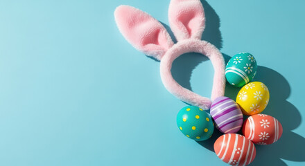 Pastel easter eggs arranged with pink bunny ears headband on blue background in festive spring holiday composition and minimal design