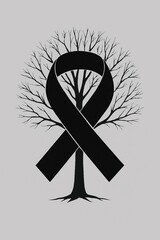 Silhouette of tree + black ribbon overlay, solemn tribute