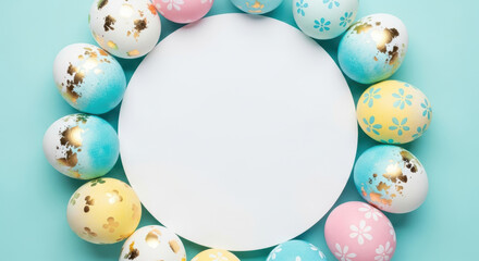 Colorful decorated easter eggs arranged in a circular frame around a blank white center on pastel blue background
