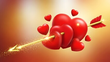 Valentine's day hearts pierced by golden arrow with smaller hearts
