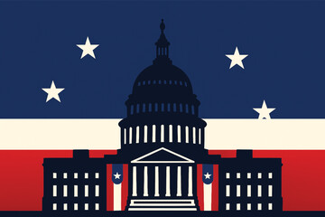 US Capitol silhouette, patriotic flat design, modern look