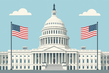 Capitol building front view, American flags, clean flat vector style