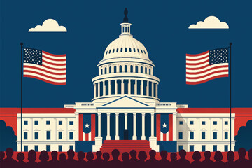 US Capitol building illustration, presidential inauguration day, flat vector, patriotic colors