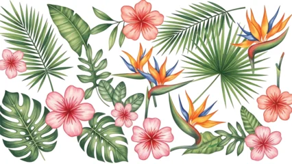 Fototapete Tropische Blätter Modern vector watercolor-style nature wallpaper with tropical flowers, palm leaves, and foliage in decorative layout, exotic botanical background ideal for interiors and textiles  © meeblues