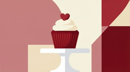 A charming red cupcake with white frosting and a heart-shaped topper on a cake stand against a pastel background