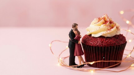 Romantic couple figurine embracing next to a large red velvet cupcake with white frosting and red sprinkles