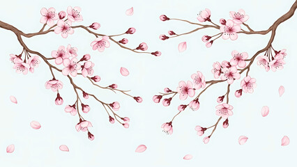 Fototapeta premium Modern vector watercolor-style botanical wallpaper with cherry blossoms, branches, and falling petals, serene floral nature background for elegant wallpaper and textile design