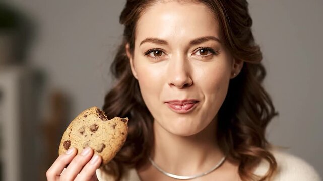 A woman with brown hair and eyes takes a bite of a chocolate chip cookie, gazing forward