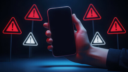 Warning signs surround a smartphone in a dark setting