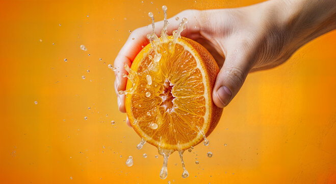 Juicy orange half with water splashes held by a hand on vibrant orange background