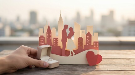 Romantic cityscape silhouette with engagement ring and heart symbol on wooden table