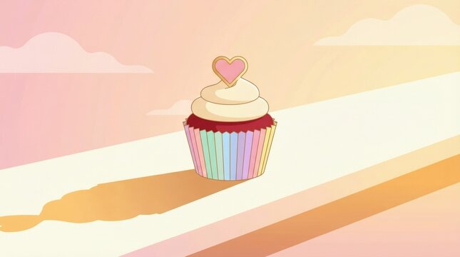 Colorful cupcake with heart-shaped topper on a gradient background - Powered by Adobe