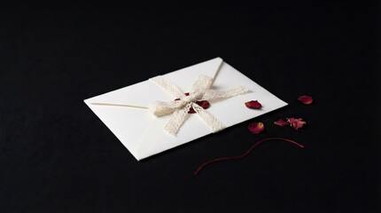 Elegant white envelope adorned with a delicate lace bow and scattered rose petals on a dark background
