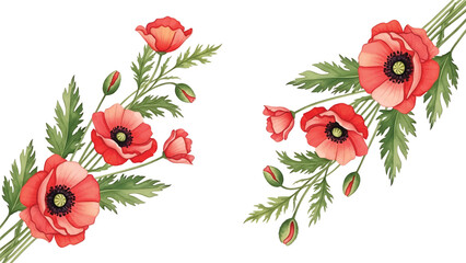 Modern vector watercolor-style floral wallpaper with poppy flowers, stems, and leaves arranged diagonally, artistic botanical nature background for interior and surface design