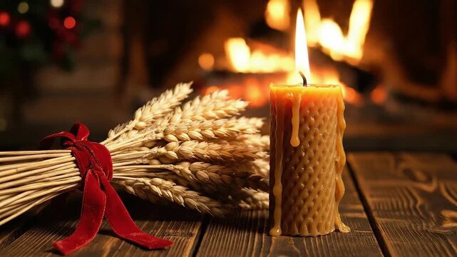 Cozy candlelight with wheat bundle on rustic wooden table by fireplace