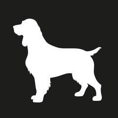 Spaniel dog icon silhouette. White dog logo isolated on black background. Vector illustration