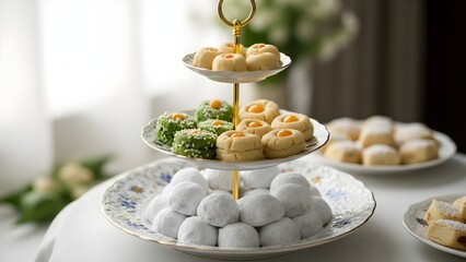 An elegant three-tiered stand with a variety of colorful Eid sweets and pastries for a festive holiday celebration.