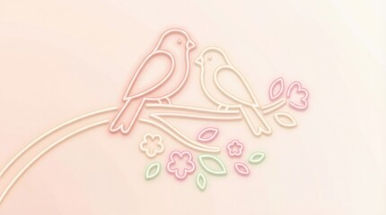 Two birds perched on a branch with delicate flowers in pastel colors