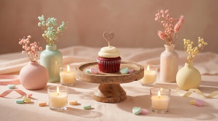 Obraz premium Delicate cupcake with heart topper on wooden stand surrounded by pastel vases and lit candles