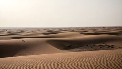 A vast and empty desert landscape with rolling sand dunes, creating a sense of peace, solitude, and the immense scale of nature.