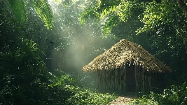Serene jungle hut with thatched roof surrounded by lush greenery