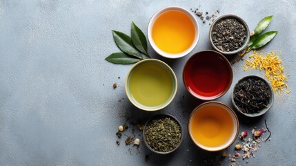 Assorted herbal teas in ceramic cups with loose tea leaves and greenery on gray surface.