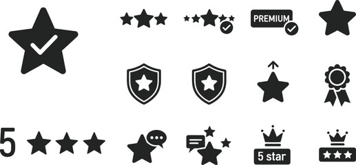 Collection of various black and white icon symbols representing customer satisfaction ratings quality achievement and premium service verification badges