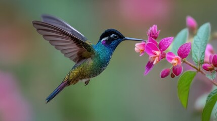Fototapeta premium Vibrant hummingbird feeding on pink flowers in natural habitat.