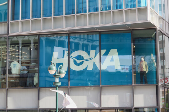 TOKYO, JAPAN - December 23, 2025: Detail of a Hoka store in Tokyo's Shibuya area.