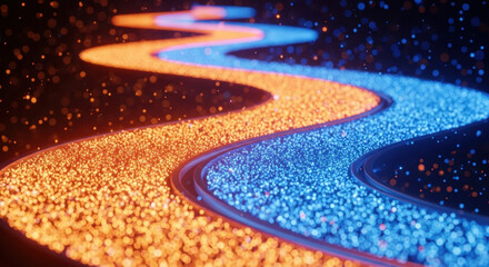 Abstract winding path of orange and blue particles creates a glowing trail on a black background, highlighted by a soft bokeh effect.