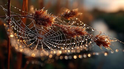 Sunrise light shining through spiderweb pictures
