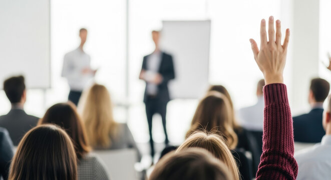 An audience attends a conference in a bright meeting room, one person raising their hand. Lecturers stand on stage, conveying expertise and professional knowledge.