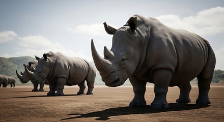 Fototapeta premium Rhinos standing in a dry landscape under a bright sunlight on a sunny day