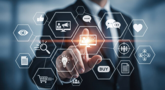 A business man in a dark suit interacts with a digital interface with glowing icons, set against a soft blue background, symbolizing modern technology and business communication. - Powered by Adobe