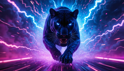 Electric black panther charging through neon stormy night