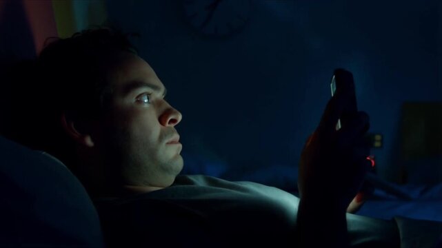 Focus on insomnia time-warped perspective. man lies awake scrolling time visually distorted clock wall accelerated, stuttered reversed motion digital numbers flicker shadows elongate unnaturally. room