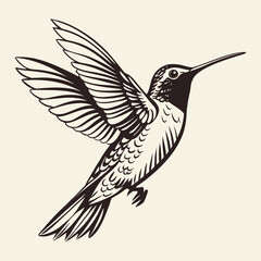 Obraz premium Black Ink Hummingbird in Mid Flight Illustration, Artistic Wildlife Bird Sketch for Nature Lovers and Tattoo Design