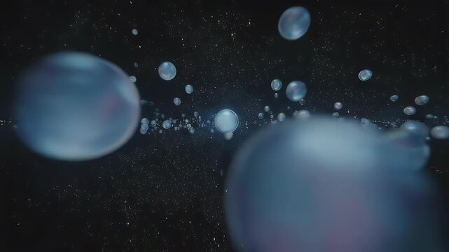 Sparkling Bubbles in Dark Liquid Closeup.