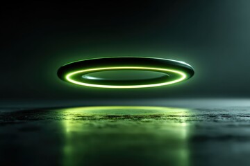 Cosmic halo rings glow with neon green light in a dark space setting, showcasing futuristic technology and modern design concepts