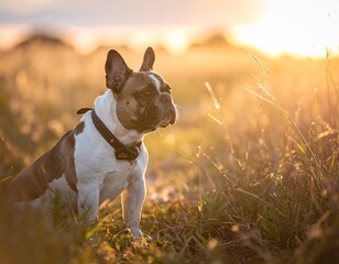 夕陽に照らされ草原に佇むフレンチブルドッグを捉えた、温かく穏やかな雰囲気の写真