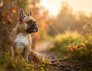 夕陽に照らされ草原に佇むフレンチブルドッグを捉えた、温かく穏やかな雰囲気の写真