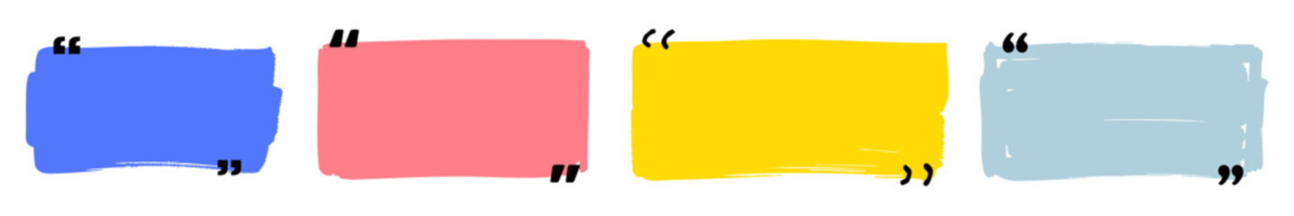 Hand drawn text box frame set with quotation mark.  Quotation mark dialog speech, square, chat color design template. Vector illustration